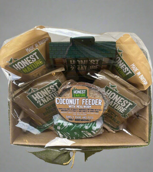 Small Wild Bird Food Hamper Box with Suet Cakes and Balls, Coconuts, Calci-Worms, Mealworms and Feeder - Honest2Nature