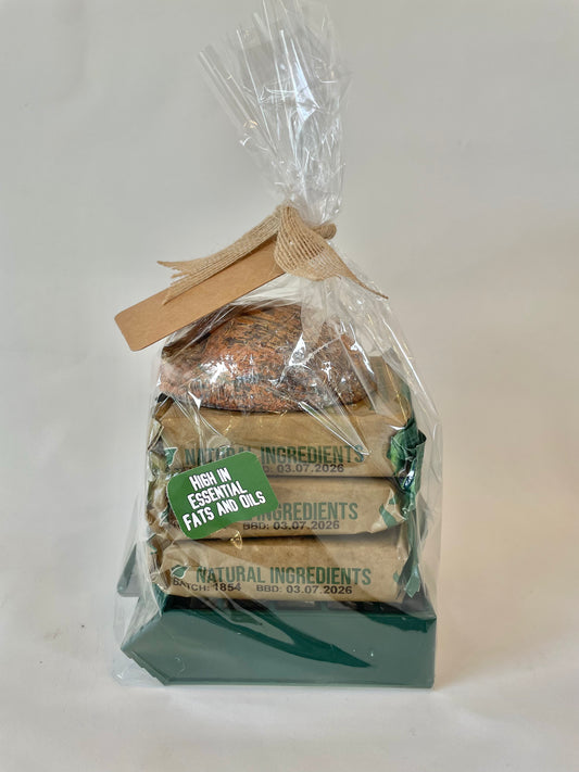 Suet-Cake Hamper Stack with a Suet-Filled Half-Coconut - Honest2Nature