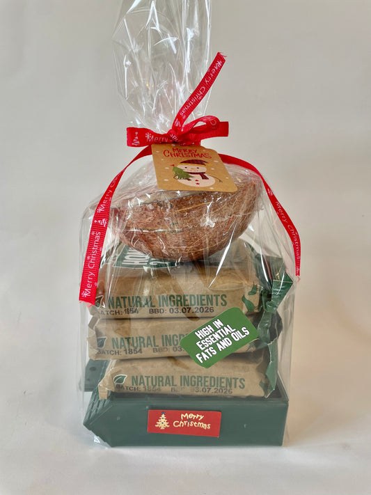 XMAS Suet Cake Stack with Square Feeder and Suet-filled Half-Coconut - Honest2Nature