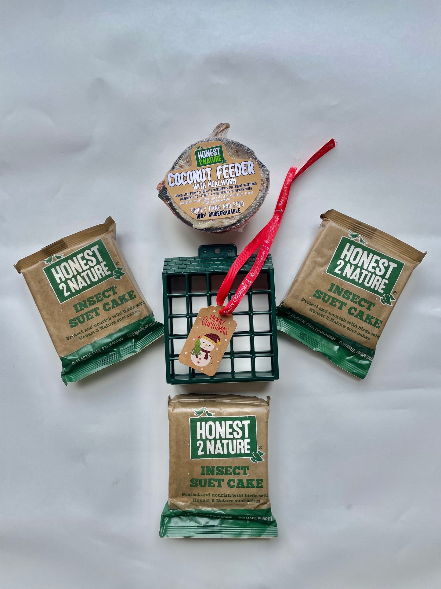 XMAS Suet Cake Stack with Square Feeder and Suet-filled Half-Coconut - Honest2Nature