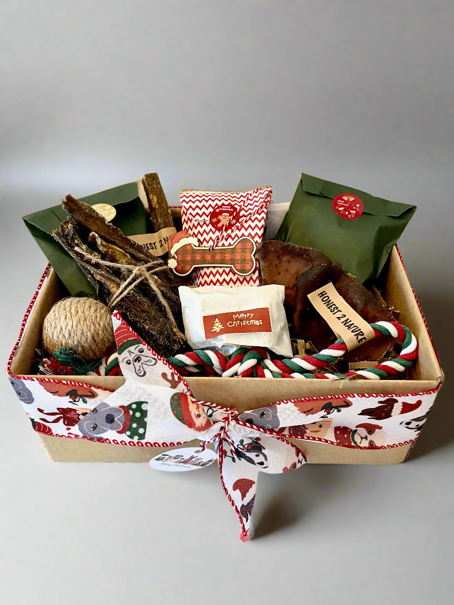 Xmas Natural Dog Treat Hamper with Toy and Tree Decoration [Small] - Honest2Nature